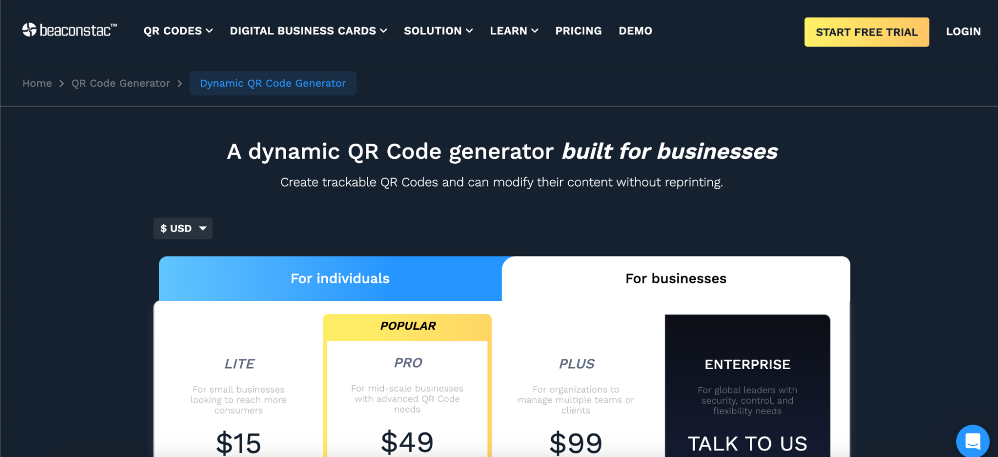 Beaconstac Pricing page